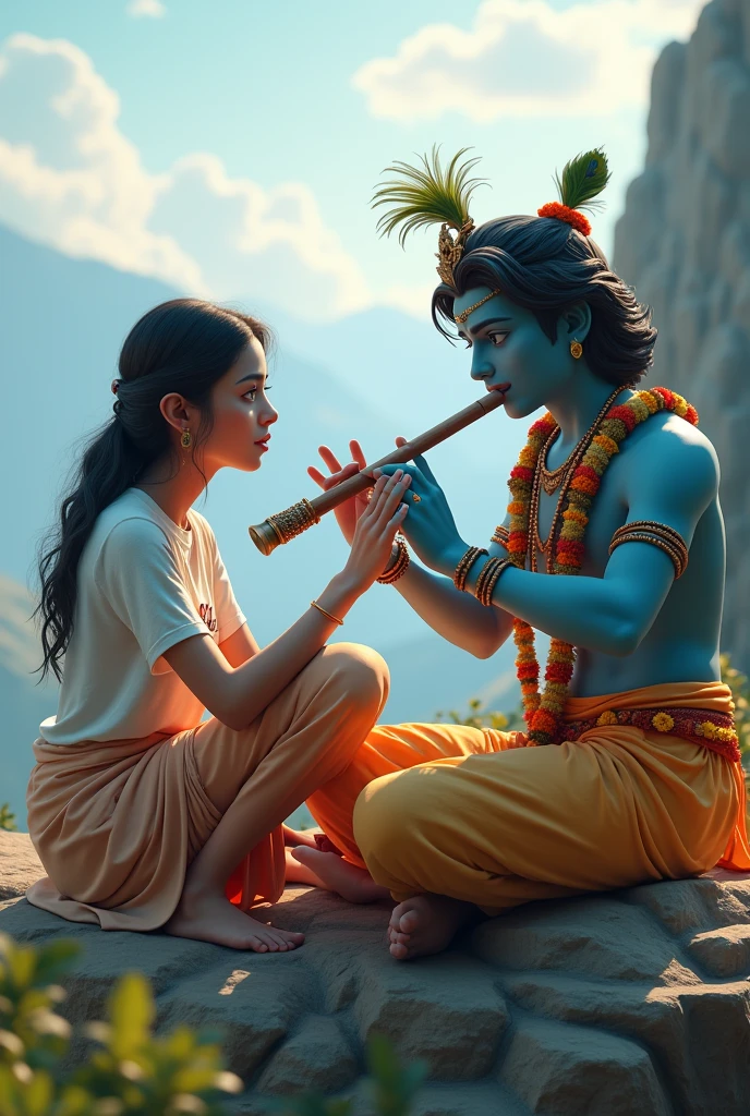 create a 3d image of 20 year old Indian devotional girl who is sitting next to krishna ji and Krishna ji playing the flute, they both sit together on the mountain,girl wearing T-shirt Name "Shikha" written on it, heaven like beautiful view background, peacock dancing,realistic image and boy is in barefoot.