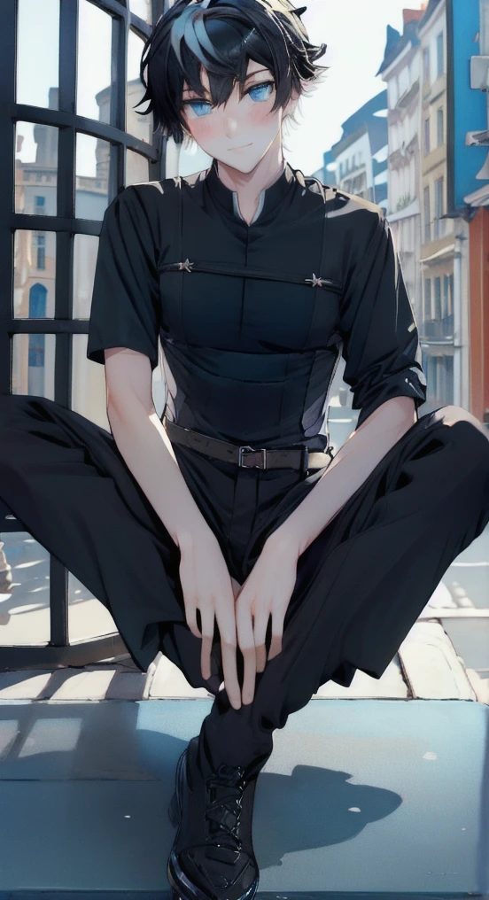 (masterpiece), (HDR), absurdres, (best quality), (ultra high quality), (hi-res), (((sitting))), head tilt, (1boy), solo, alone, mature, charlemagne (blue eyes), beautiful detailed eyes, (((black hair))), multicolored hair, bishounen, BREAK, Transparent Dress, casual clothes, black pants, dynamic poses, looking away from viewer, blush, city