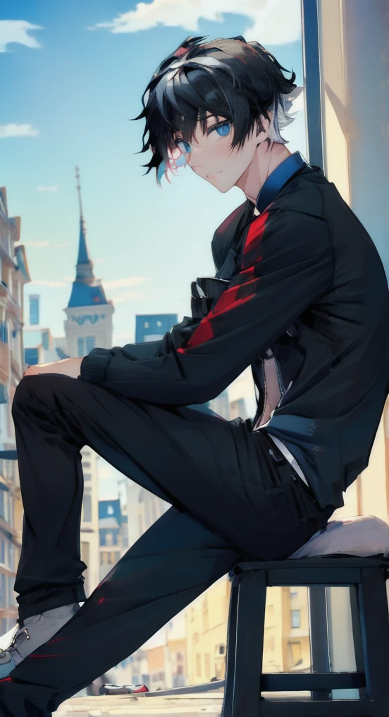 (masterpiece), (HDR), absurdres, (best quality), (ultra high quality), (hi-res), (((sitting))), head tilt, (1boy), solo, alone, mature, charlemagne (blue eyes), beautiful detailed eyes, (((black hair))), multicolored hair, bishounen, BREAK, Transparent Dress, casual clothes, black pants, dynamic poses, looking away from viewer, blush, city