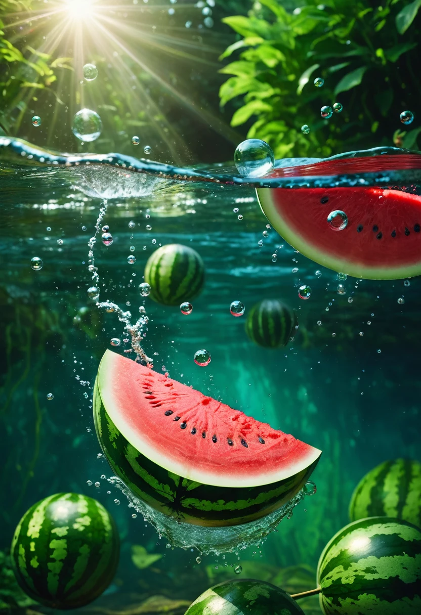 a watermelon submerged in a clear stream, very chilled, water bubbles and splashes sparkling, detailed cinematic lighting, photorealistic, 8k, high quality, masterpiece, vibrant colors, natural lighting, summer scenery, serene, peaceful, (realistic:1.4),(photorealistic:1.4),hyperdetailed,dramatic lighting,highly detailed,extremely lifelike,masterfully rendered,beautifully lit,incredibly realistic,stunning visual effects,flawless execution,cinematic composition,breathtaking quality,exquisite detail