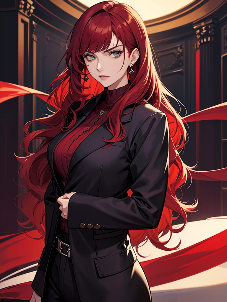 mature woman, green eyes, red hair with long bangs, noble, mafia. sadistic women, wavy long hair. wear black purple jacket. strong woman. background in mansion
