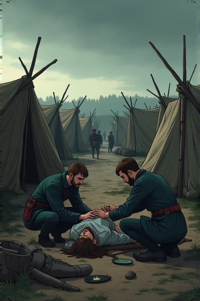 "The aftermath of a battle in the Crimean War: wounded soldiers being treated by doctors in a makeshift camp, with an overcast sky and a sense of sombre realism; a cinematic cartoon portrayal of the war's impact." picture ratio 9:16