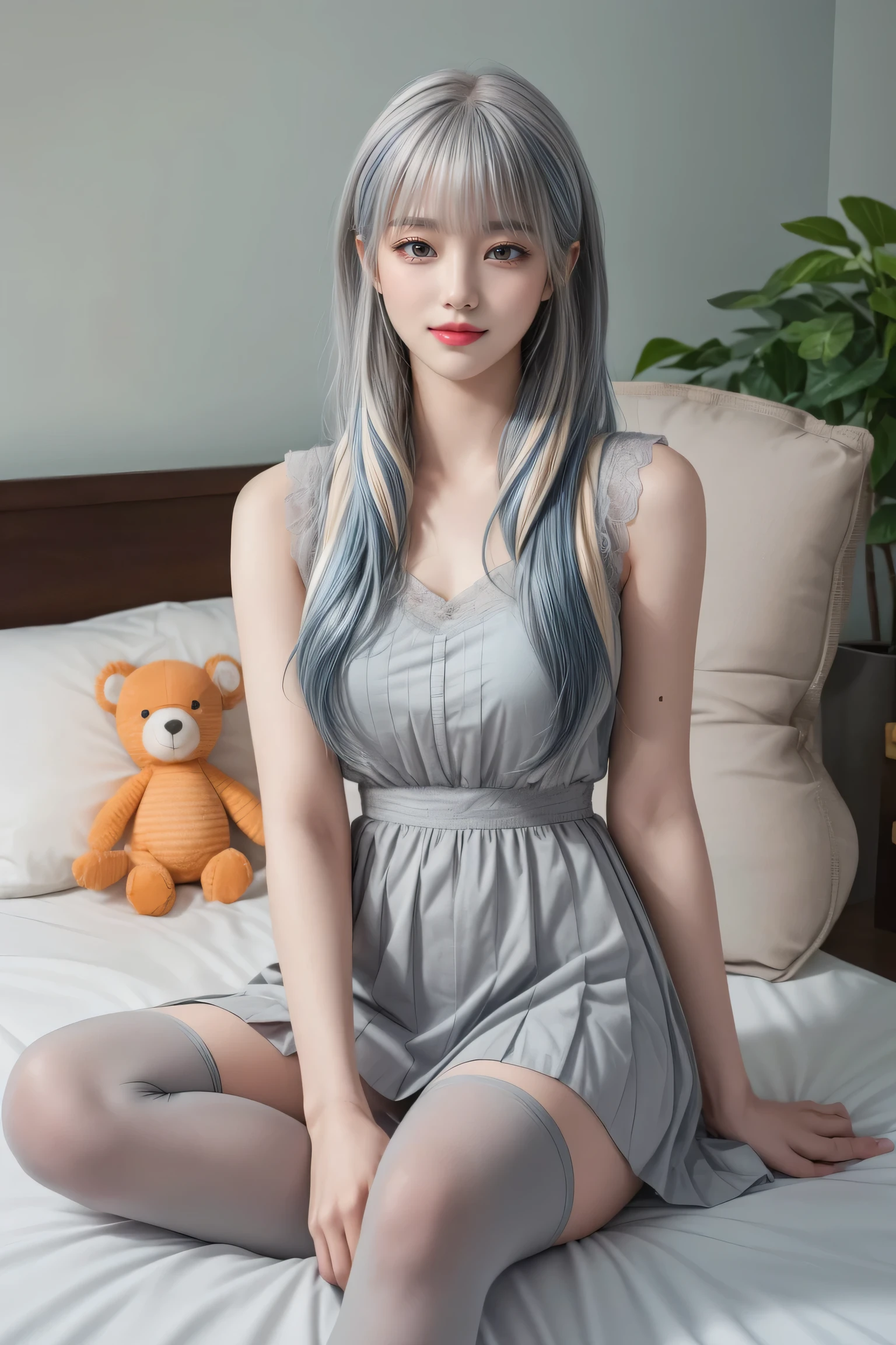 (sitting cross-legged on the bed)、Mature Woman、Light blue hair、((Light grey hair))、(((Two-tone hair)))、Black taupe dress with delicate light blue decoration、Slender women、Cute Woman、 8K Ultra HD,Detailed face、Delicate texture, Long Hair、(((Blunt bangs)))、(((Drill Hair)))、Tutu skirt、Thigh-length tights、short boots、((Oriental router))、mini skirt、A room in a Western-style building、((Delicate photo)),(Girl Astepeace RAW Photo Details:1.25), (Highest quality:1.6), (Ultra-high resolution:1.5), (Realistic:1.75), 8k resolution, Canon EOS R5, 50mm, Absurd, Very detailed,Cinema Lighting、((stuffed toy:1.3))、Browsing Caution:1.5(Full Body Shot)、(smile)、