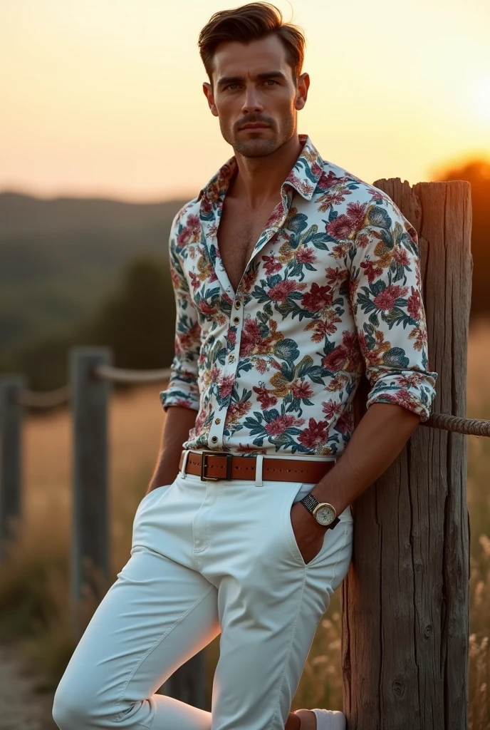 A white man, aged 35, model type, with short dark hair, with blue eyes, wearing a flowered shirt buttoned all the way up, white pants with belt, tennis, leaning against a wooden post in the Alentejo at dawn