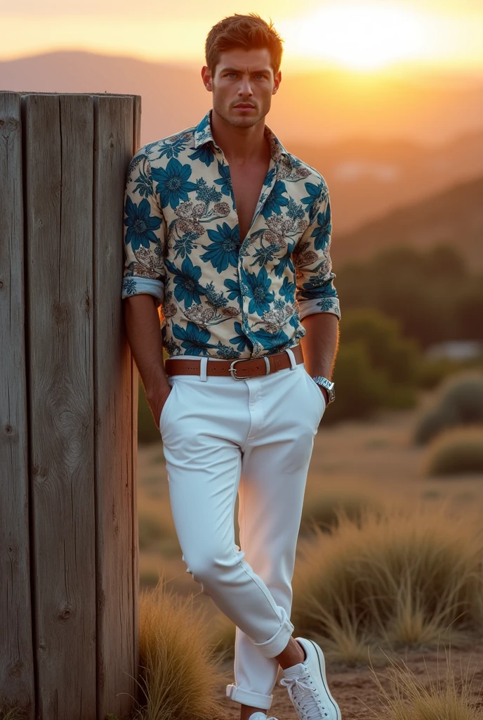 A white man, aged 35, model type, with short dark hair, with blue eyes, wearing a flowered shirt buttoned all the way up, white pants with belt, tennis, leaning against a wooden post in the Alentejo at dawn