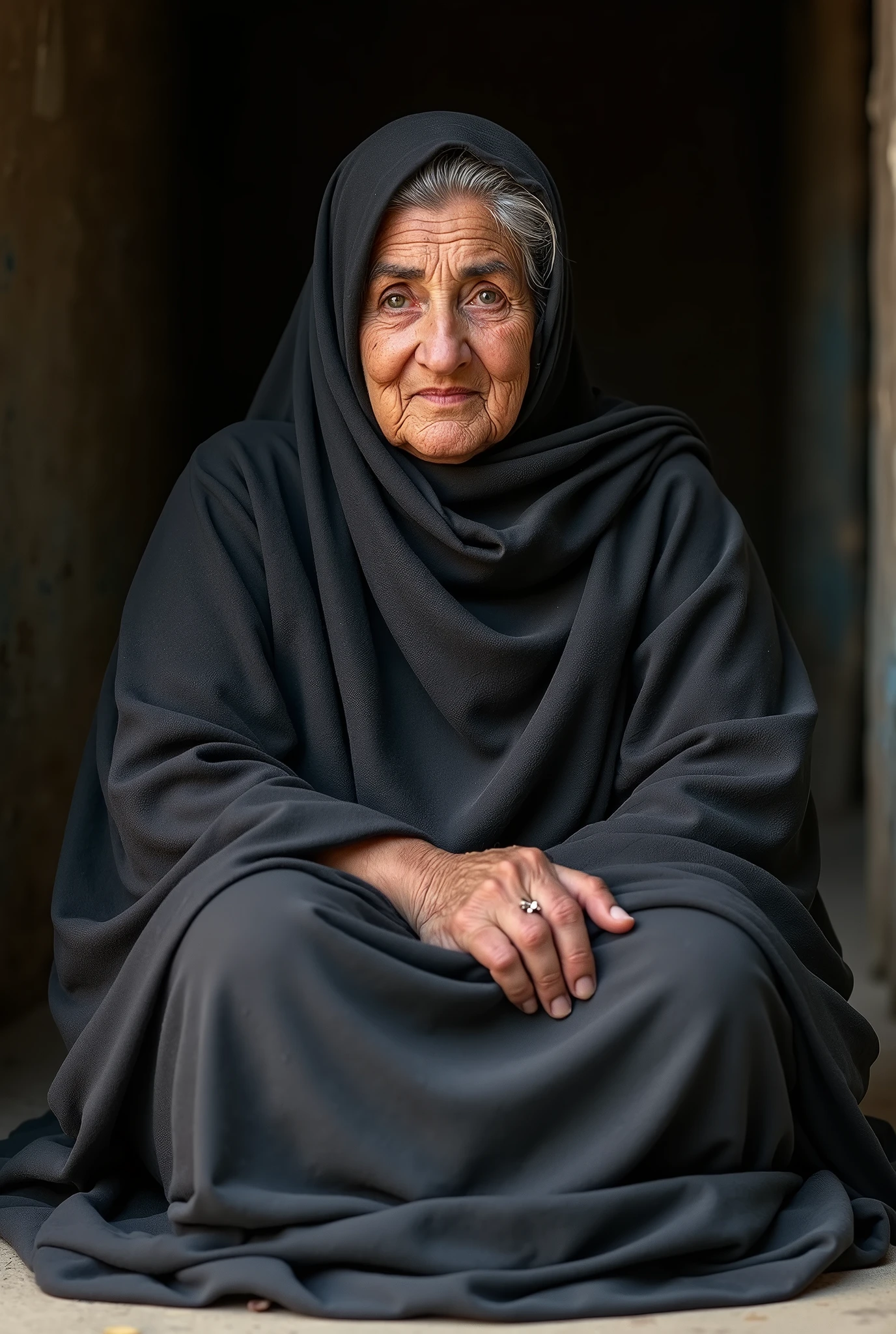 Bbw Arab veiled grandmother sitting on the floor and looking at the photographer