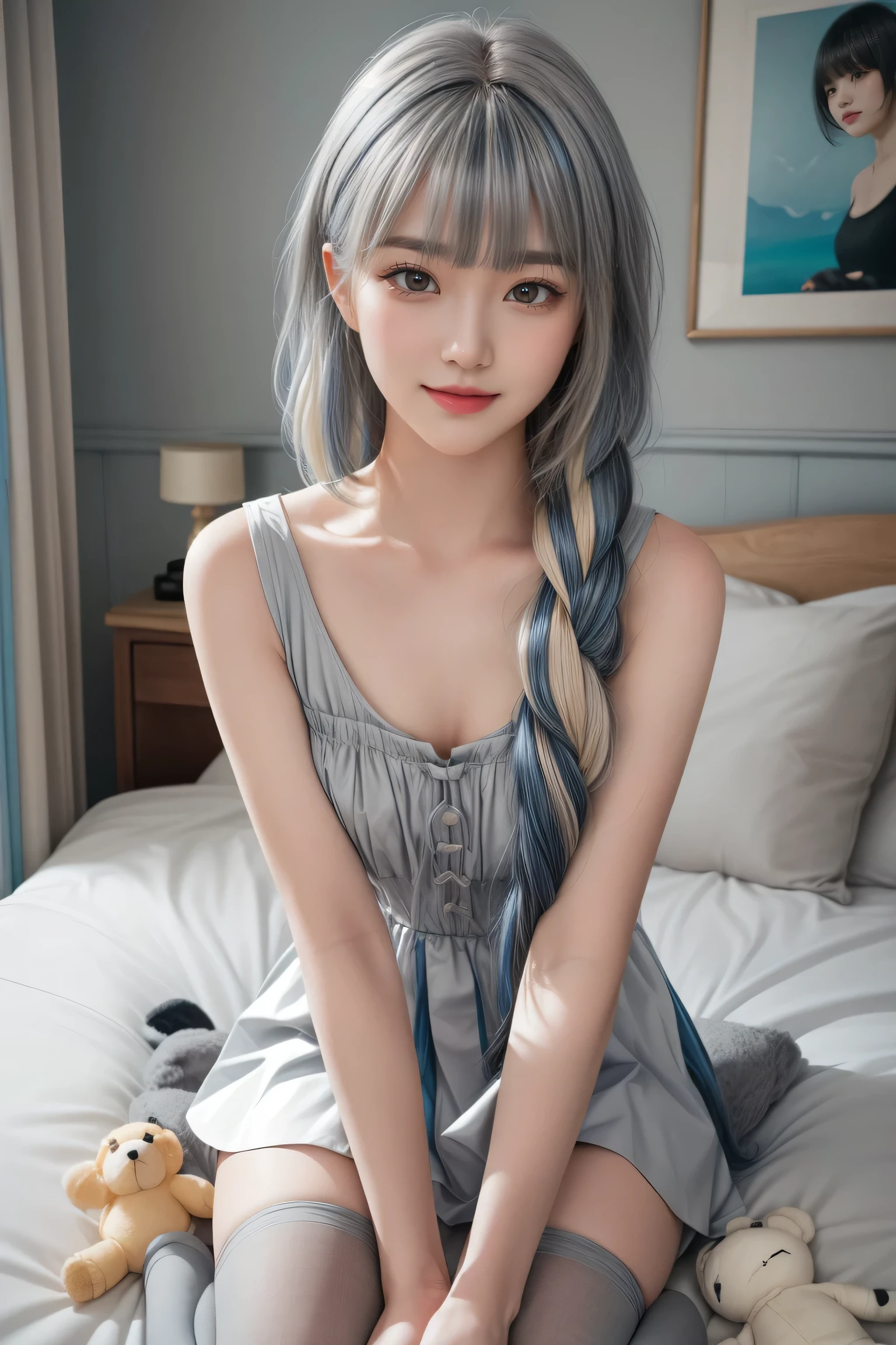 (sitting cross-legged on the bed)、Mature Woman、Light blue hair、((Light grey hair))、(((Two-tone hair)))、Black taupe dress with delicate light blue decoration、Slender women、Cute Woman、 8K Ultra HD,Detailed face、Delicate texture, Long Hair、(((Blunt bangs)))、(((Drill Hair)))、Tutu skirt、Thigh-length tights、short boots、((Oriental router))、mini skirt、A room in a Western-style building、((Delicate photo)),(Girl Astepeace RAW Photo Details:1.25), (Highest quality:1.6), (Ultra-high resolution:1.5), (Realistic:1.75), 8k resolution, Canon EOS R5, 50mm, Absurd, Very detailed,Cinema Lighting、((stuffed toy:1.3))、Browsing Caution:1.5(Full Body Shot)、(smile)、