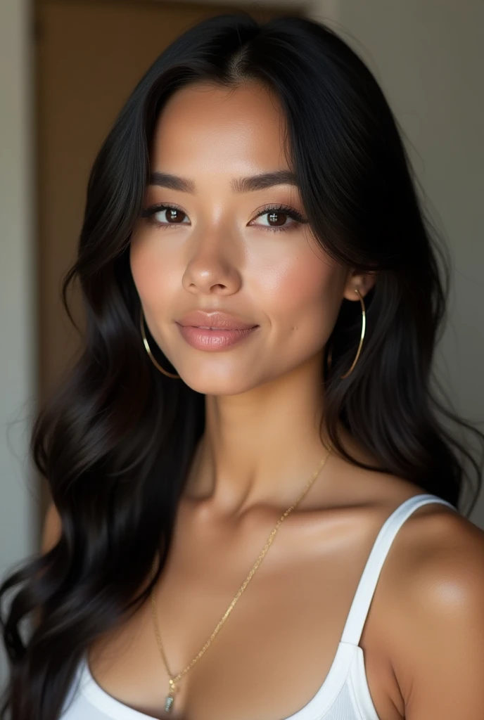 "A close-up portrait of a young woman with long, wavy black hair and soft, natural makeup. She has well-defined eyebrows, subtle eye makeup with winged eyeliner, and nude lipstick with a hint of pink. The woman wears gold hoop earrings and a delicate necklace, and she poses in a softly lit room, creating a warm and inviting atmosphere. Her expression is calm and confident, and her outfit is simple, featuring a white top with thin straps. The background includes a door and wall in a neutral-colored room."