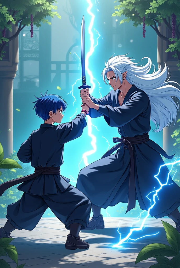 Create a boy with short white and blue hair, and his young father with long white hair and cyan blue highlights,  wrapped in electrical energy, They are both in a sparring match with katanas, They are wearing dark futuristic uniform-like clothing, Father and son are the same height ANIME CYBERPUNK STYLE ambientos in the garden of their cyberpunk house 