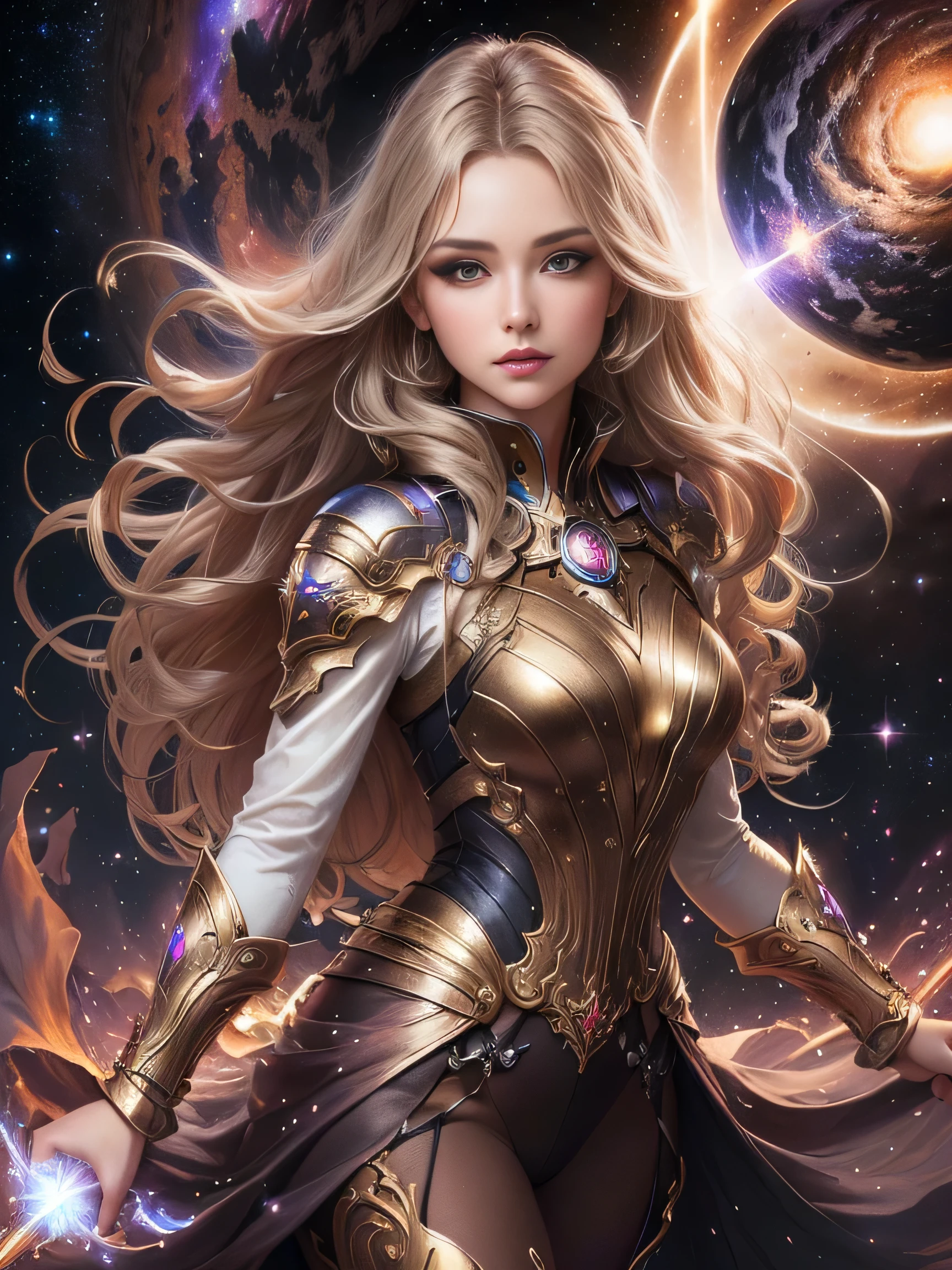 A woman in a gold costume in front of a galaxy, Beautiful Celestial Magician, ArtJam jsc, ArtJam julie bell beeple, extremely detailed ArtJam, ArtJam detailed, wlop and ArtJam, Galaxy Goddess, Portrait of a girl in the Knights of the Zodiac, ArtJam style, ig model | ArtJam