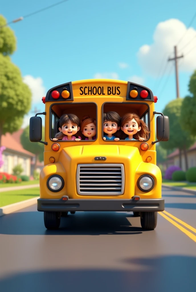 a 3d animation picture of a yellow bus of school and school kids