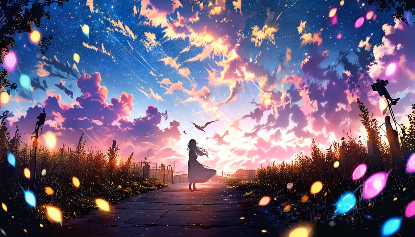 masterpiece, Concept Art, Panorama, in the center, shape, Wide Shot, garden, night, (meteor), Space galaxy background, (Great composition, Epic Scale), Dynamic Lighting, Bright colors, Blue rose,Landscape Long Eyelashes, Round eyes, Silver Hair, Half-closed eyes, sad, Cast a Shadow, Anaglyph, Stereogram, tachi-e, Atmospheric perspective, Wide Shot, reflected light, 8k, Super Detail, Highest quality, Anatomically correct