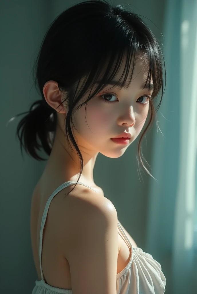 Realistic glowing skin, (発Sweat:1.8),Stand backwards,Look back at your face,Always look at the camera,(発Sweat:1.8),(Beautiful nipples in real life:1.6),,(whole body:1.9),(発Sweatしたリアルな白い肌:1.9),White socks, (Black leather shoes:1.8),
,Cold look,Cold Stare,Black Hair,short hair,Tie your hair short,Silky translucent white skin,,(Very detailed美しい顔), Great face and eyes, (Highest quality:1.4), (Very detailedな), (Very detailed CG 統合 8k 壁紙), Very detailed, High resolution raw color photos, Professional photography, Realistic portrait,Sweat,,(A Cup:1.9),(Flat Chest:1.9),(Very small breasts:1.9),(Breast augmentation:0.1),(Small breasts beginning to swell:1.9),(Breasts during puberty:1.9),
, (少女のwhole bodyの詳細なRAW写真), Canon EOS R5 250mm, Sharp focus, Cinema Lighting,  (No makeup:1.2), Fine skin, Delicate collarbone,,(Ultra-high resolution:1.6), (Realistic:1.6),,(Japanese junior high school girls:1.9),(whole body:1.8),(Sweatが滴る肌:1.9),(Black pleated skirt for the lower body only:1.9),(Sweatで滲んだ肌:1.9),(Age is :1.9),(Raise one hand above your head:2),(Topless:1.9),Height is 155cm,Non-erect, thin nipples,very small nipples,Natural nipples,Real girl nipples,Not disgusting nipples、 (Armpit hair just starting to grow:1.9),