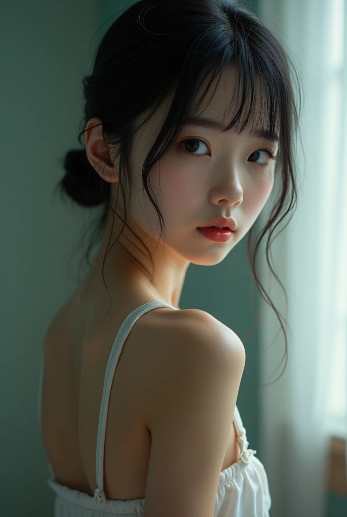 Realistic glowing skin, (発Sweat:1.8),Stand backwards,Look back at your face,Always look at the camera,(発Sweat:1.8),(Beautiful nipples in real life:1.6),,(whole body:1.9),(発Sweatしたリアルな白い肌:1.9),White socks, (Black leather shoes:1.8),
,Cold look,Cold Stare,Black Hair,short hair,Tie your hair short,Silky translucent white skin,,(Very detailed美しい顔), Great face and eyes, (Highest quality:1.4), (Very detailedな), (Very detailed CG 統合 8k 壁紙), Very detailed, High resolution raw color photos, Professional photography, Realistic portrait,Sweat,,(A Cup:1.9),(Flat Chest:1.9),(Very small breasts:1.9),(Breast augmentation:0.1),(Small breasts beginning to swell:1.9),(Breasts during puberty:1.9),
, (少女のwhole bodyの詳細なRAW写真), Canon EOS R5 250mm, Sharp focus, Cinema Lighting,  (No makeup:1.2), Fine skin, Delicate collarbone,,(Ultra-high resolution:1.6), (Realistic:1.6),,(Japanese junior high school girls:1.9),(whole body:1.8),(Sweatが滴る肌:1.9),(Black pleated skirt for the lower body only:1.9),(Sweatで滲んだ肌:1.9),(Age is :1.9),(Raise one hand above your head:2),(Topless:1.9),Height is 155cm,Non-erect, thin nipples,very small nipples,Natural nipples,Real girl nipples,Not disgusting nipples、 (Armpit hair just starting to grow:1.9),