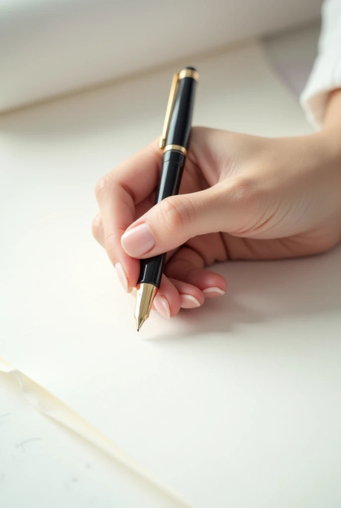 a female hand holding a pen in a long size paper (no words written)