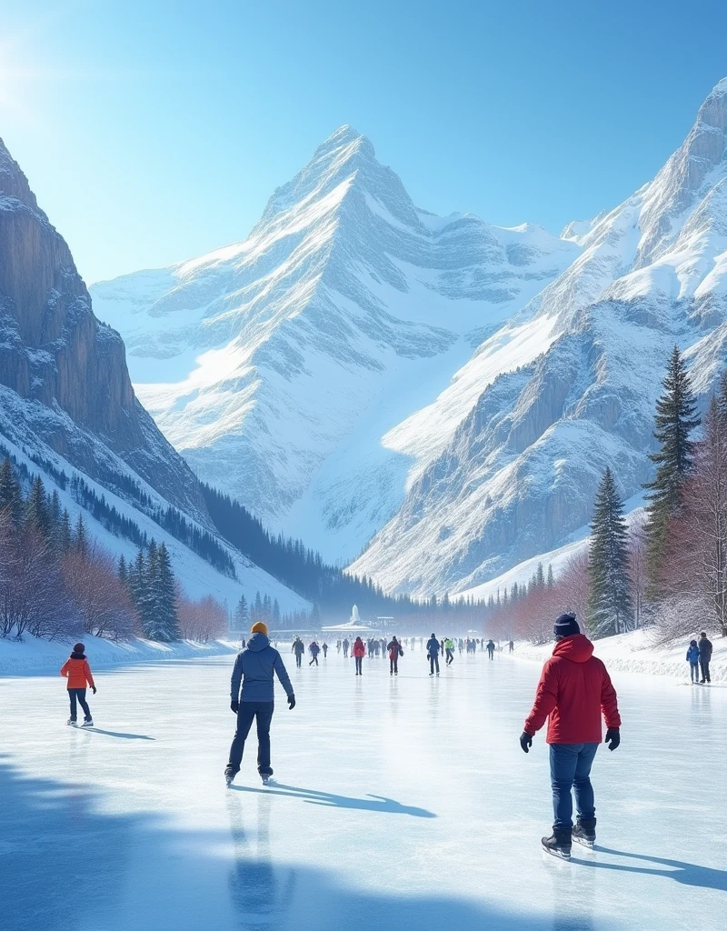 Envision grand, towering mountains blanketed in pure, untouched snow. In their midst, an open-air ice rink resides, embraced by the wild natural beauty. The high-altitude ice rink is teeming with a palette of joyous individuals of varying age, gender, and descent, their laughter and cheer echoing in the wind as they gracefully glide over the shimmering, icy surface. Overhead, the sky is a radiant azure, clear, with the sunlight reflecting off the glass-like ice. Nestled within this magnificent natural arena is a bustling ski resort, replete with people from all walks of life enjoying the winter sports it provides, high in the comforting solitude of the mountains.