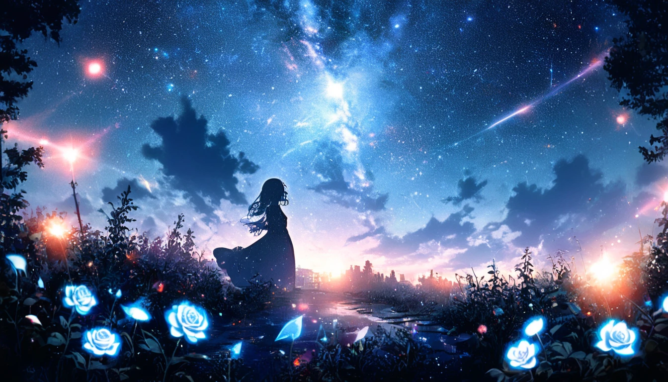 masterpiece, Concept Art, Panorama, in the center, shape, Wide Shot, garden, night, (meteor), Space galaxy background, (Great composition, Epic Scale), Dynamic Lighting, Bright colors, Blue rose,Landscape Long Eyelashes, Round eyes, Silver Hair, Half-closed eyes, sad, Cast a Shadow, Anaglyph, Stereogram, tachi-e, Atmospheric perspective, Wide Shot, reflected light, 8k, Super Detail, Highest quality, Anatomically correct