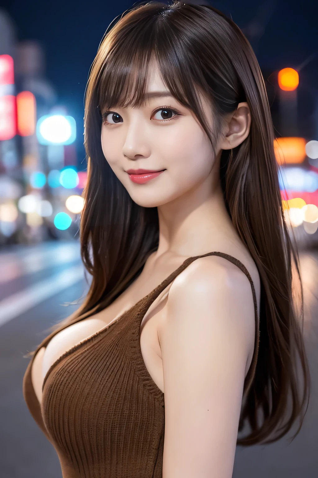 masterpiece、1 beautiful girl、Detailed eyes、Puffy eyes、Highest quality, 超High resolution, (Reality: 1.4), Cinema Lighting、Japanese、Asian Beauty、Super Beauty、Beautiful Skin、Slender、Body facing forward、(Surreal)、(High resolution)、(8k)、(Very detailed)、(Beautiful and detailed eyes)、(Ultra-detailed)、 (wall-)、Detailed face、Bright lighting、Professional Lighting、View your viewers、Look straight ahead、(The costume is a knit dress)、Long Hair, My hair is messy, Asymmetrical bangs, 、Night Scenery、Brown Hair、Japan is an idol、Korean Idol、Gravure idol pose、Age 18、expensive, smile、Large Breasts,