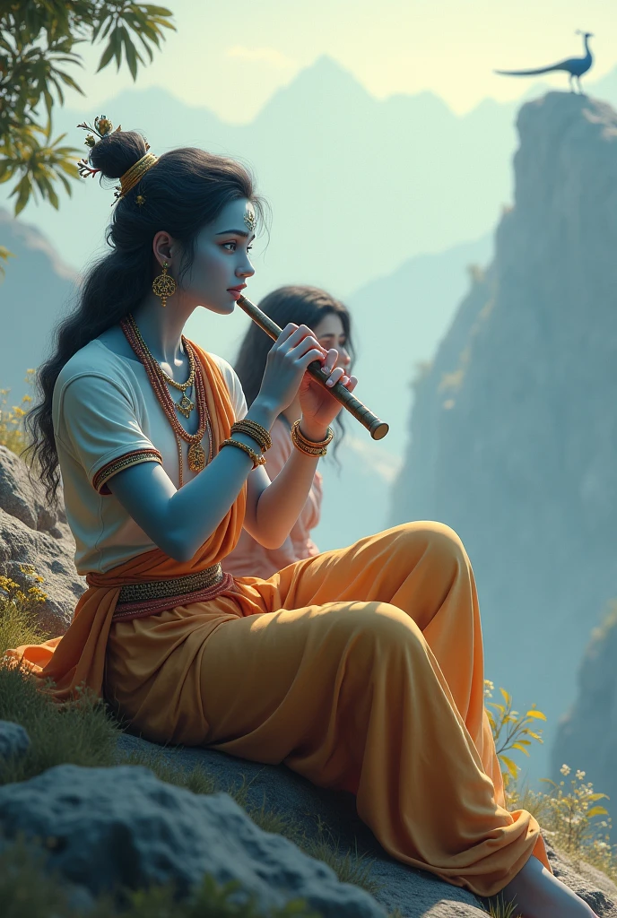 create a 3d image of 20 year old Indian devotional girl who is sitting next to krishna ji and Krishna ji playing the flute, they both sit together on the mountain,girl wearing T-shirt Name "Shikha" written on it, heaven like beautiful view background, peacock dancing,realistic image and boy is in barefoot.