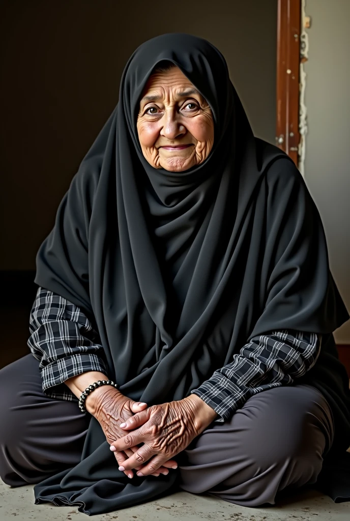 Bbw Arab veiled grandmother sitting on the floor and looking at the photographer