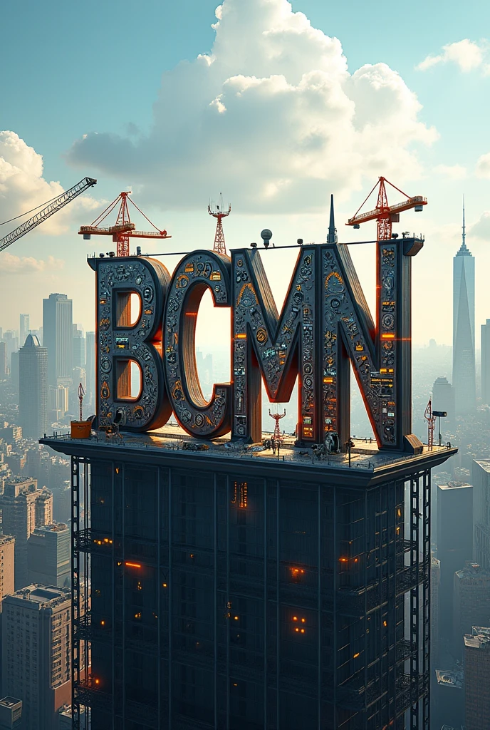 " BECM " letters with engineering instruments,  on the top of some buildings, crains are on sides.