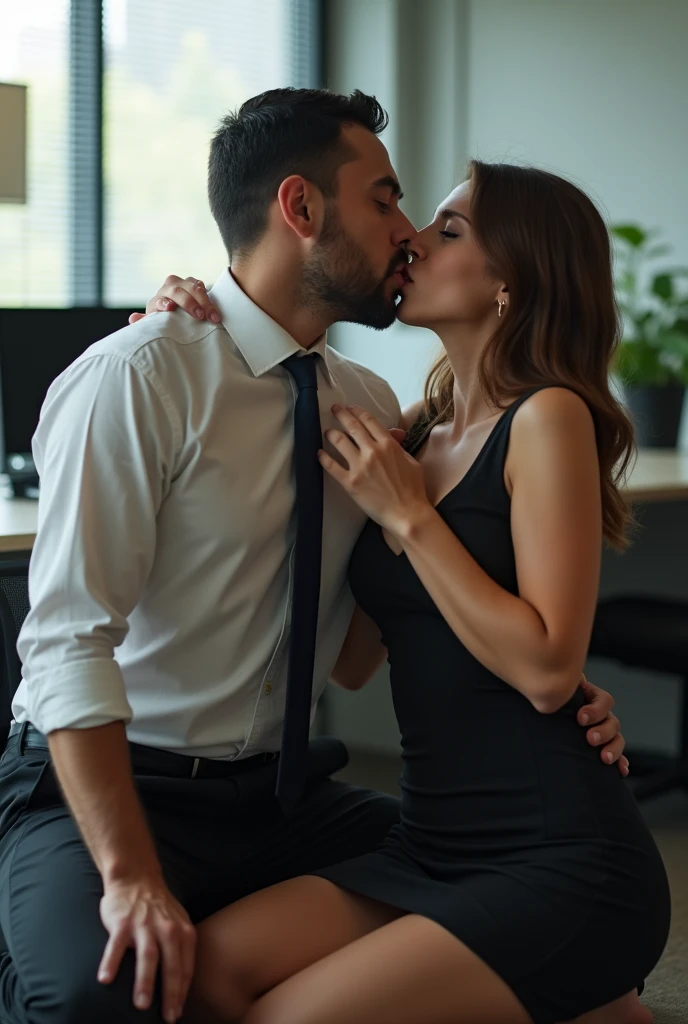 Office sex with female secretary and male CEO, blowjob. The female secretary is giving the male CEO a blowjob while on her knees.