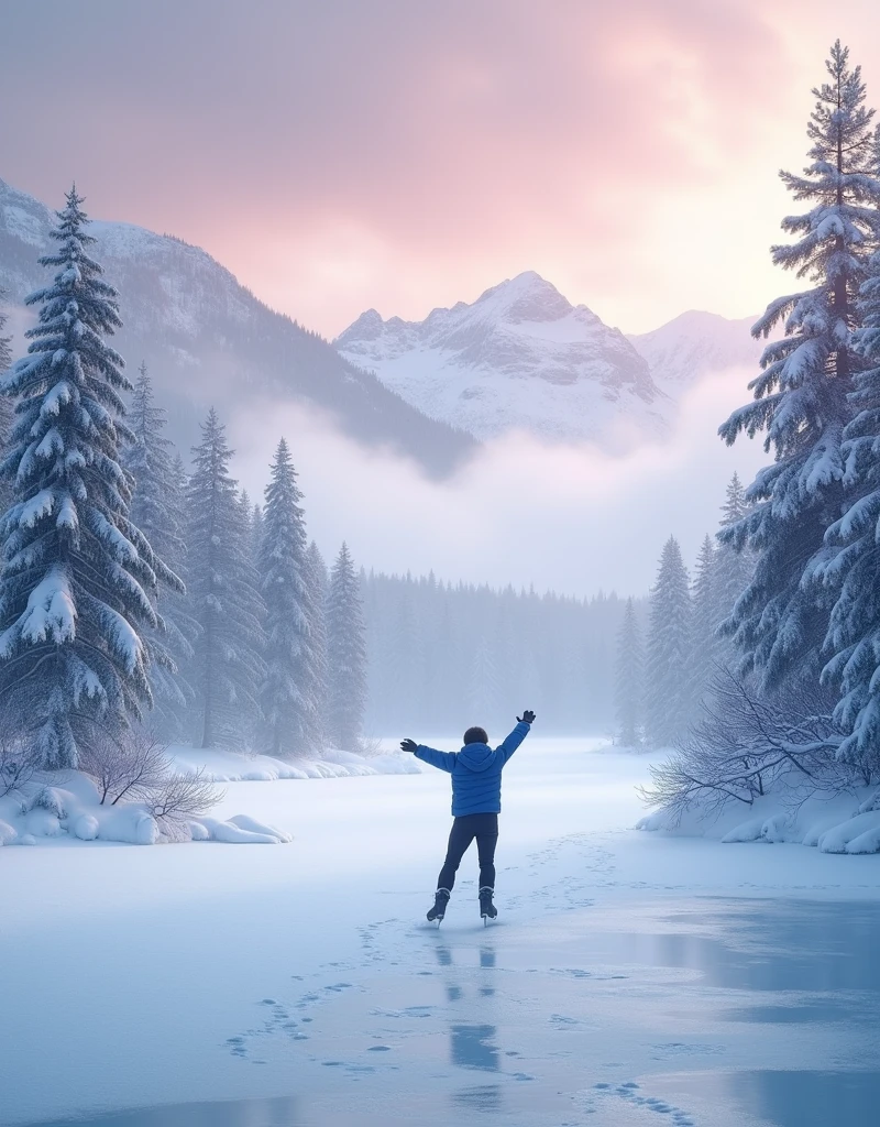 Visualize a beautifully diverse winter landscape. Centered in this scene is a frozen lake surrounded by snow-covered pine trees. A Caucasian male figure skater is gracefully gliding on the lake's icy surface, clad in a shimmering blue outfit. Light snowflakes are gently falling across the scene, while a dense white fog envelops the far-off mountains. The sky is a mix of sunset colors, a gradient of pink and lavender. Animal tracks can be seen in the whiteness reminding us of the wildlife thriving in this harsh yet beautiful environment. The overall ambiance is serene and quiet.