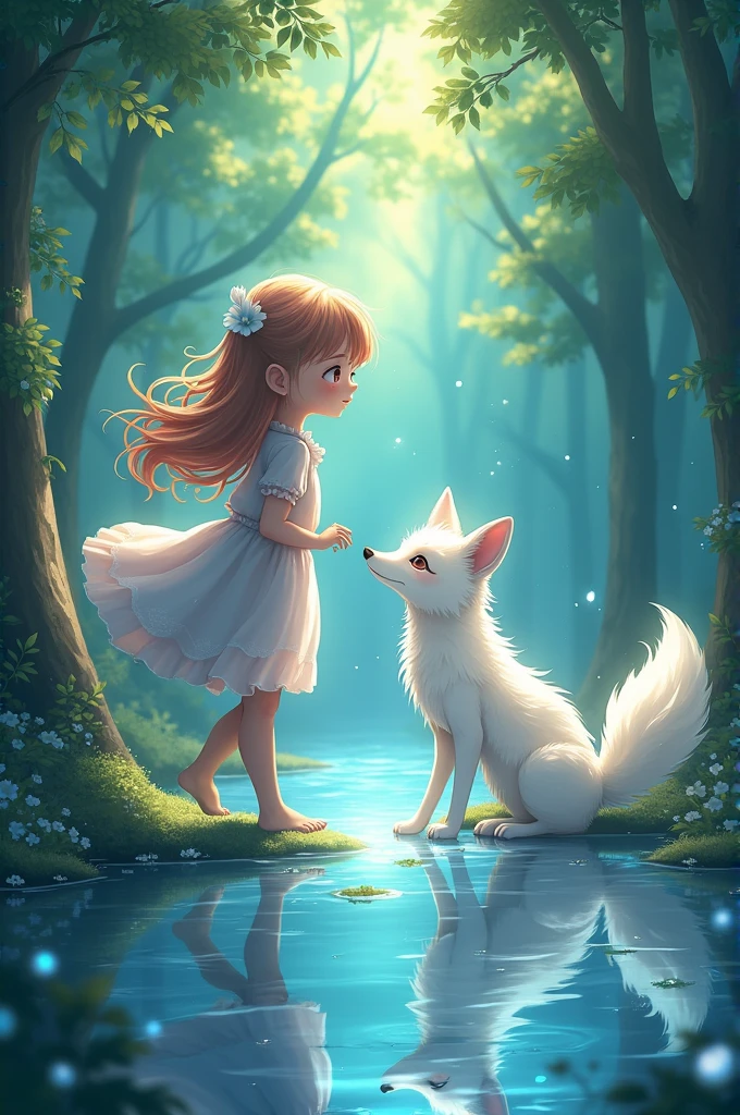 A anime girl with a spirit fox in the enchanted forest with sparkling water around her that is her reflection