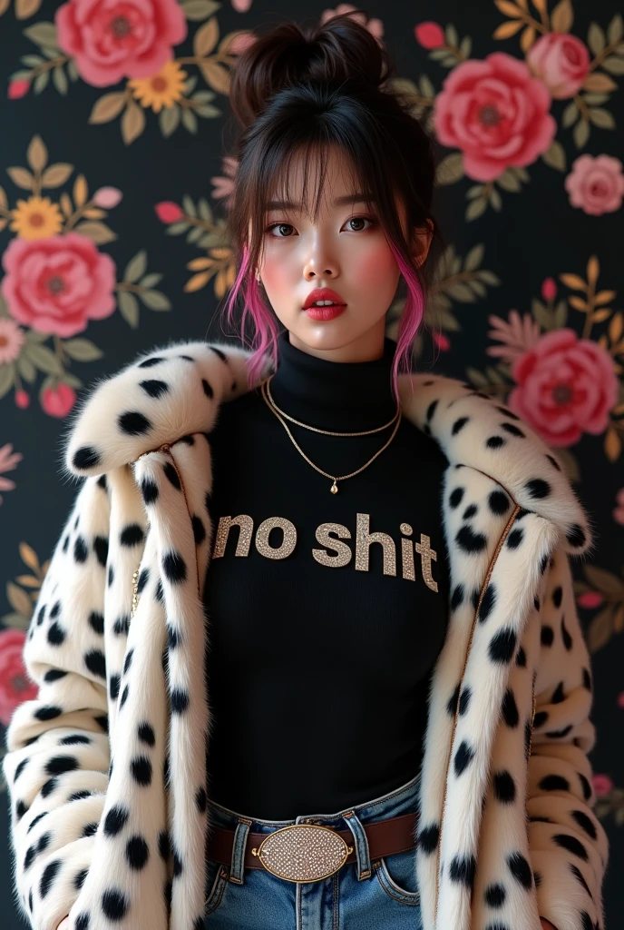 beautiful tanned japanese woman, wearing a designer fur puffer crop dalmatian print jacket , and black turtle neck t-shirt underneath the coat, write "NO SHIT" with glitter on t-shirt, (t-shirt tucked in) (t-shirt underneath pants) tucked in the t-shirt inside underneath jeans pants, big diamond buckle leather belt, thick eyebrows, photorealistic, masterpiece, moncler, messy bun pink highlighted hair, open the jacket, lips pouting, pouts, Floral wallpaper on black background, glitters and particles and nice lighting, UHD, HDR, 8k, Masterpiece