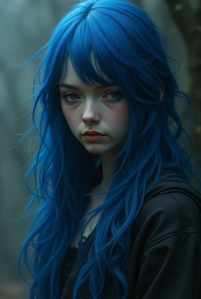 Girl with blue hair and dull skin