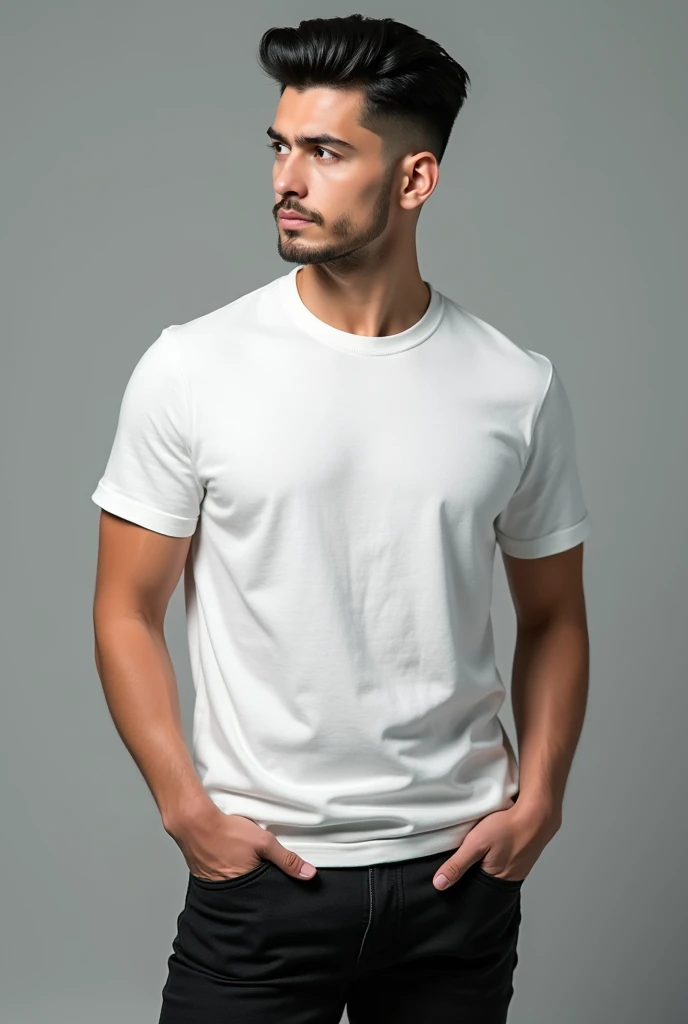 Here's a detailed description based on your preferences:
He has black, stylish hair that’s neatly styled, enhancing his overall look. His skin is a milky white, providing a striking contrast with his outfit. His eyes are deep and expressive, reminiscent of sea waves with their captivating depth and shimmer. He wears black jeans and a white t-shirt, creating a sharp, modern appearance. His medium build complements his attire, giving him a balanced and attractive presence.