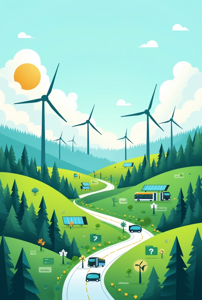 I want to create cover for an investment promotion brochure. The theme is sustainably green and digitally connected. I want to include images of renewable energy, green hydrogen, electric public transport, digital connection, net zero.
