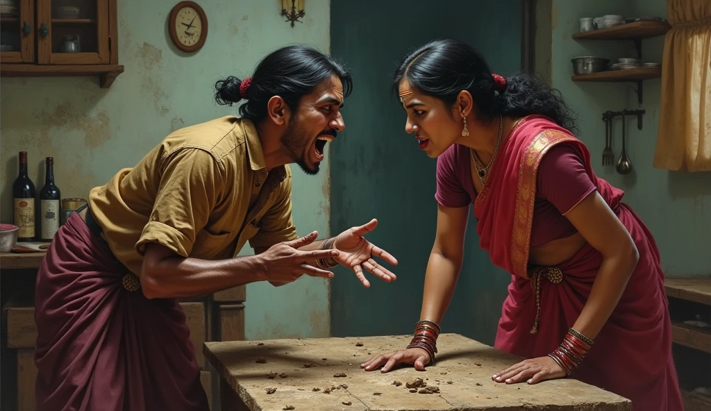 An Indian woman finds her drunken husband trying to beating her