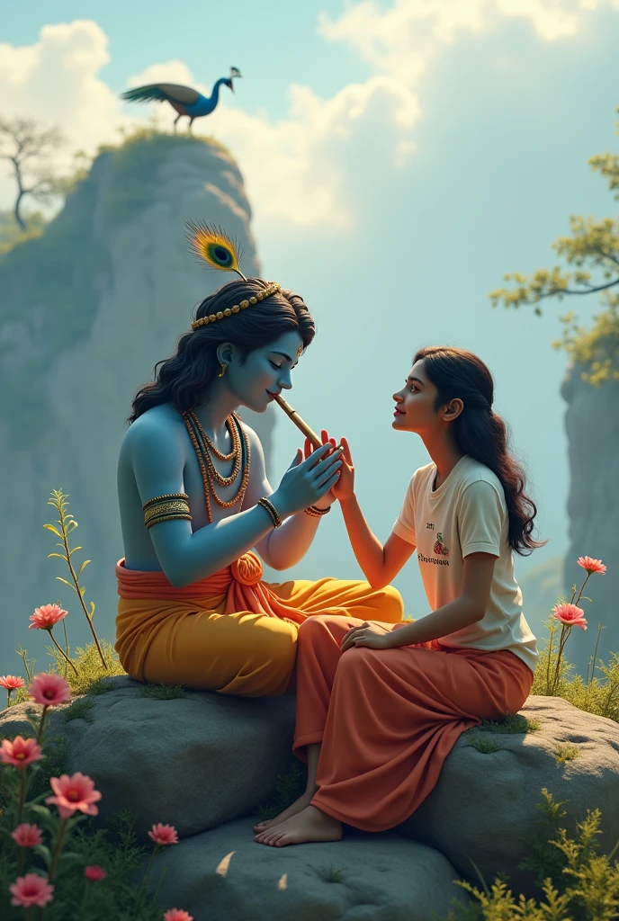 create a 3d image of 20 year old Indian devotional girl who is sitting next to krishna ji and Krishna ji playing the flute, they both sit together on the mountain,girl wearing T-shirt Name "Shikha" written on it, heaven like beautiful view background, peacock dancing,realistic image and boy is in barefoot.