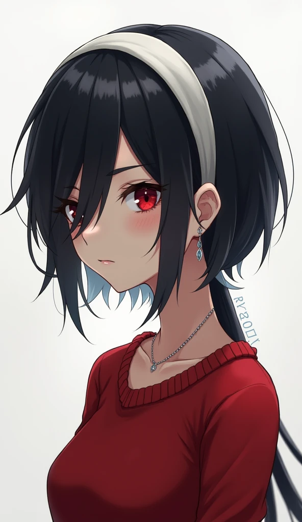 { - Anatomical Error} (masterpiece, Highest quality) (masterpiece:1.4),(Highest quality:1.4) Highest quality, masterpiece, High resolution, alone, {Yoru_Briar_Spy X Family:1.15}, black_hair, hairband, red eyes, Side Lock, white_hairband, jewelry, Earrings, 前hair, length_hair, One person, clavicle, Closed_mouth, red_sweater, sweater,