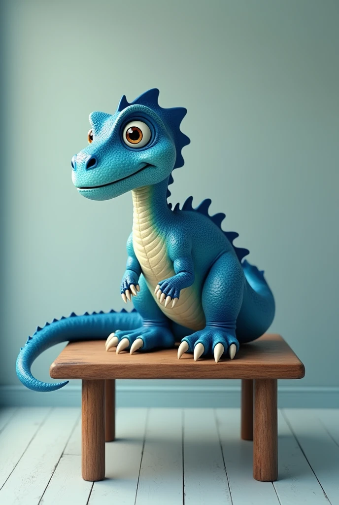 Blue dinasour siting on table