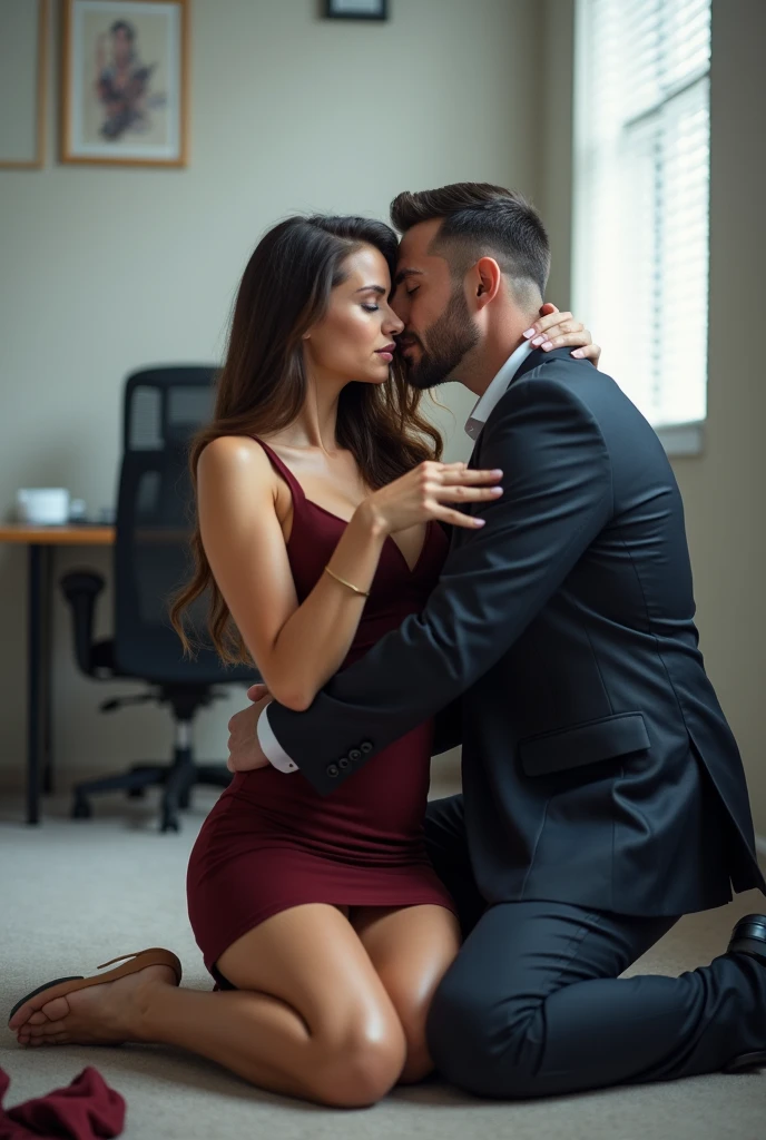Office sex with female secretary and male CEO, blowjob. The female secretary is giving the male CEO a blowjob while on her knees. Their clothes are on the floor