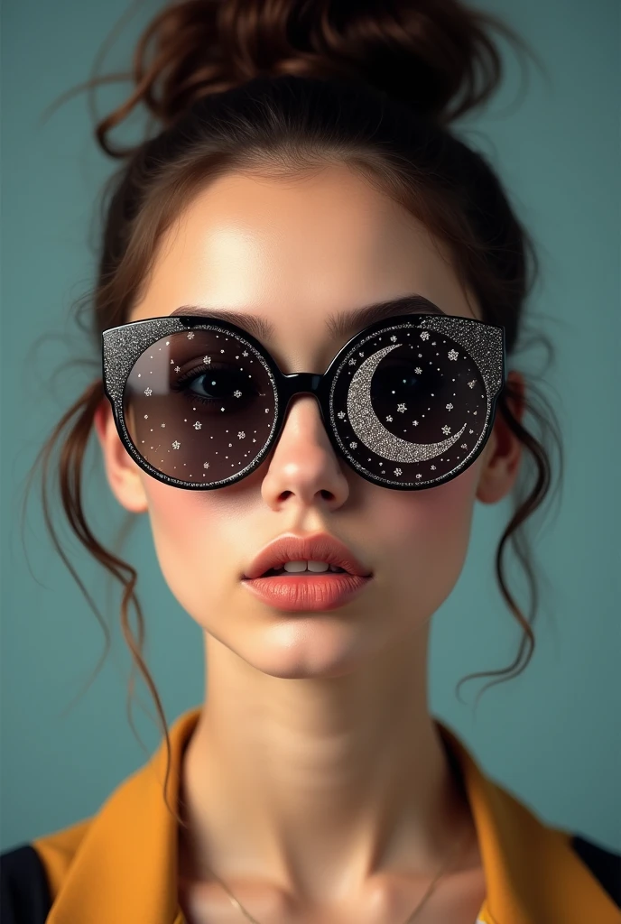 The model is wearing glass sunglasses with stars and the moon on the glass