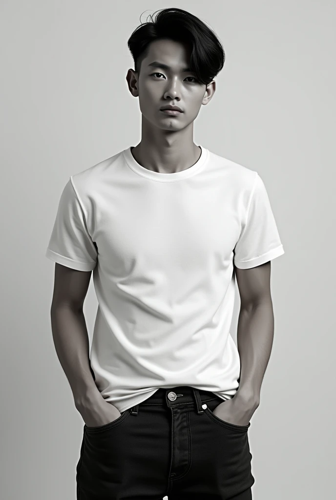 Here's a detailed description based on your preferences:
He has black, stylish hair that’s neatly styled, enhancing his overall look. His skin is a milky white, providing a striking contrast with his outfit. His eyes are deep and expressive, reminiscent of sea waves with their captivating depth and shimmer. He wears black jeans and a white t-shirt, creating a sharp, modern appearance. His medium build complements his attire, giving him a balanced and attractive presence.