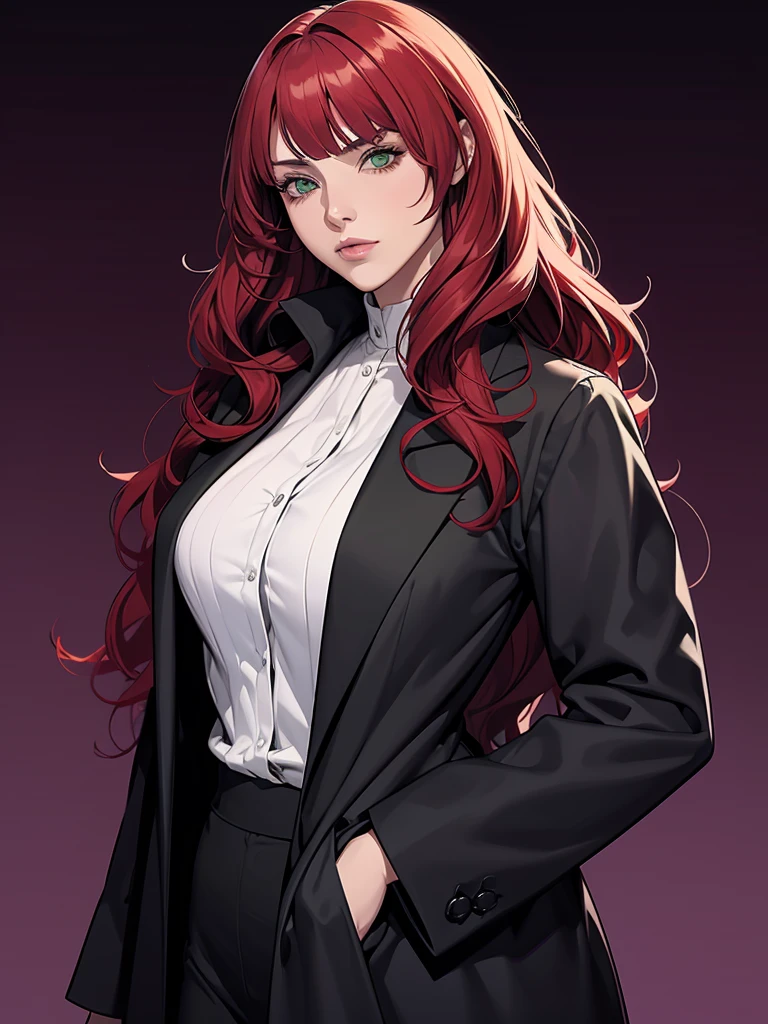 mature woman, green eyes, red hair with long bangs, noble, mafia. sadistic women, wavy long hair. wear black purple jacket. strong woman. background in mansion