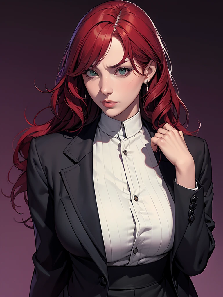 mature woman, green eyes, red hair with long bangs, noble, mafia. sadistic women, wavy long hair. wear black purple jacket. strong woman. background in mansion