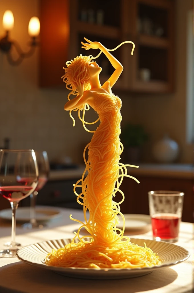 Create a whimsical and artistic scene featuring a single human-like figure made entirely of spaghetti. This figure should appear to be dancing gracefully on a plate. The background should depict a cozy kitchen setting with warm, ambient lighting, creating a romantic and intimate atmosphere. Include elements such as a glass of red wine and a beautifully set table to enhance the mood.
