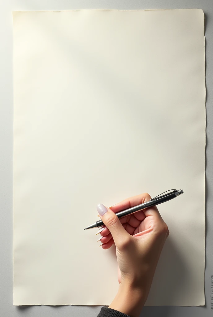 a female hand holding a pen in a long size paper (no words written). Make the hand in the bottom