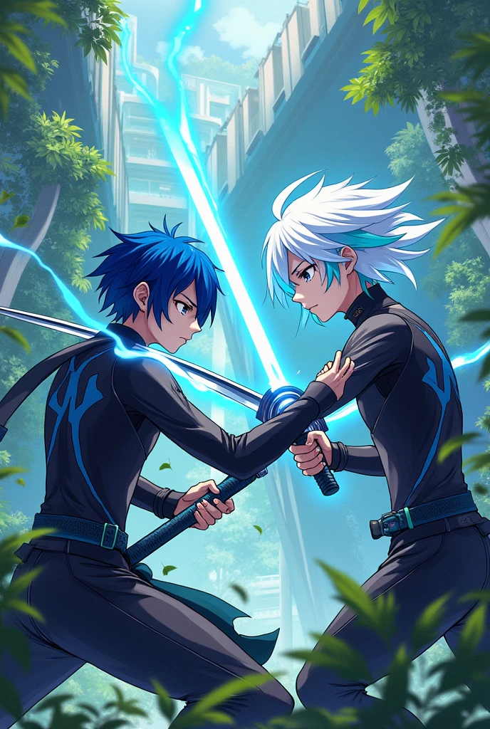 Create a boy with short white and blue hair, and another with long white hair and cyan blue highlights,  wrapped in electrical energy, They are both in a sparring match with katanas, They are wearing dark futuristic uniform-like clothing,  They are the same height ANIME CYBERPUNK STYLE setting them in the garden of their cyberpunk house 
