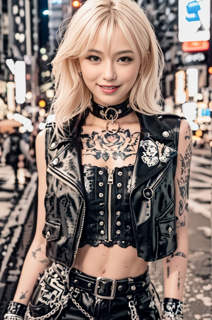 A beautiful girl, Japanese beautiful gyaru, blond hair, (very short hair:1.4), devilish smile, (big breasts:1.2), Rock style fashion, (Sleeveless Black Riders Jacket:1.2), Short length latex shirt_open zipper, Very short black leather pants. dog collar, (Butterfly tattoo on chest:1.1), Tattoo of a rose on the shoulder, Downtown New York City at night. Lots of neon signs. Diagonal front composition,//quality, Realistic photograph, (best quality:1.5), (hyper-realistic:1.2), (high resolution:1.5), (Cinematic Lighting:1.2), upper body shot, RAW photo, (4k. 8k precision image), detailed textures, sharp focus,ultra-detailed,