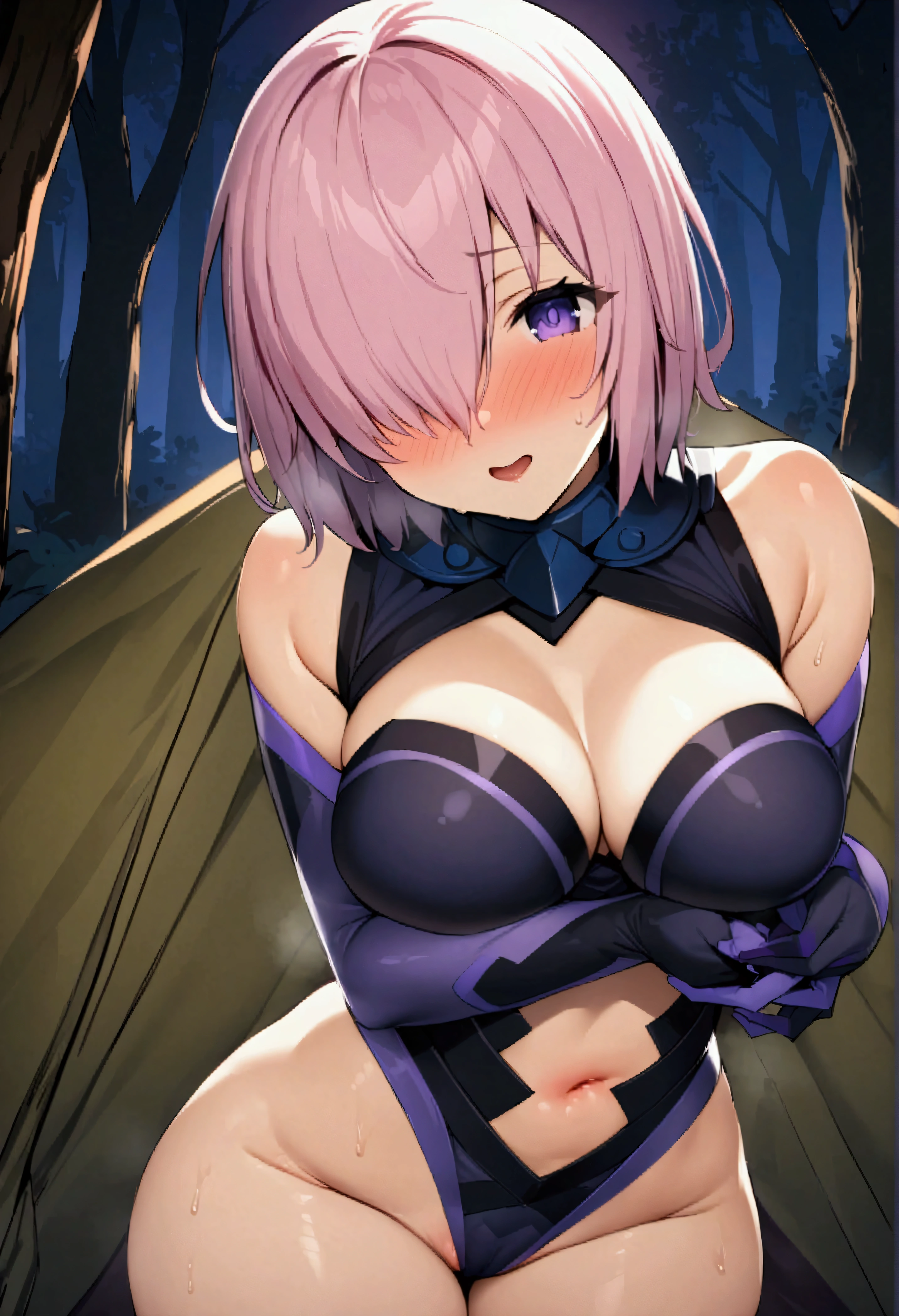 NSFW,masterpiece,Highest quality,High resolution,Very detailed,Mash Kyrielight\(Fate/grandorder\),short hair、Purple Eyes、Pink Hair、Hair covering one eye,gloves、Shoulder Bare,leotard,In the forest at night,tent