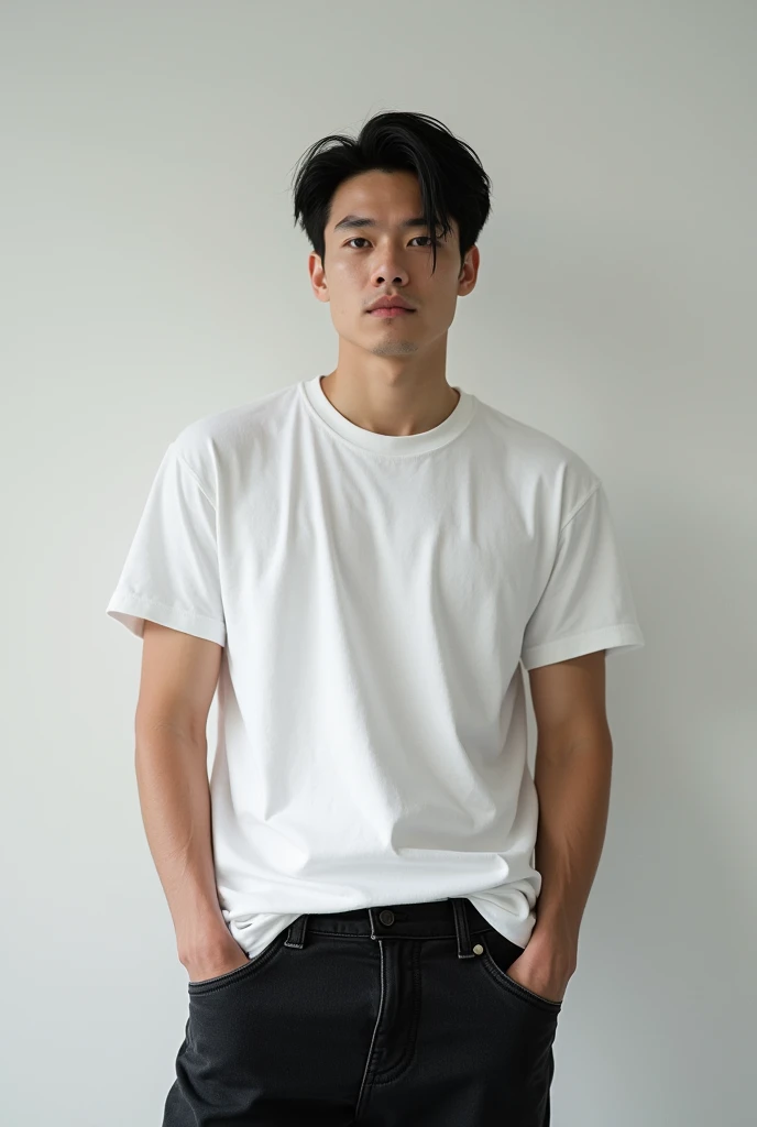 Here's a detailed description based on your preferences:
He has black, stylish hair that’s neatly styled, enhancing his overall look. His skin is a milky white, providing a striking contrast with his outfit. His eyes are deep and expressive, reminiscent of sea waves with their captivating depth and shimmer. He wears black jeans and a white t-shirt, creating a sharp, modern appearance. His medium build complements his attire, giving him a balanced and attractive presence.