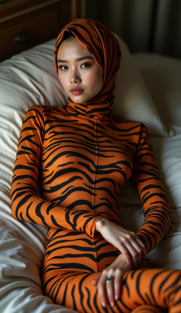 The most beautiful,thin,most pretty and clever Asian muslimah adult girl wears siberian tiger print lycra turtleneck unitard catsuit covered with stripes.She always wear siberian tiger print lycra dancewear stretchy square hijab covered with many stripes.She sleeps on the bed at night.
