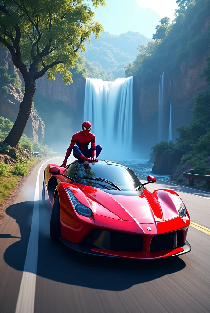 A car in red driving with blue tree and waterfall in india spiderman 