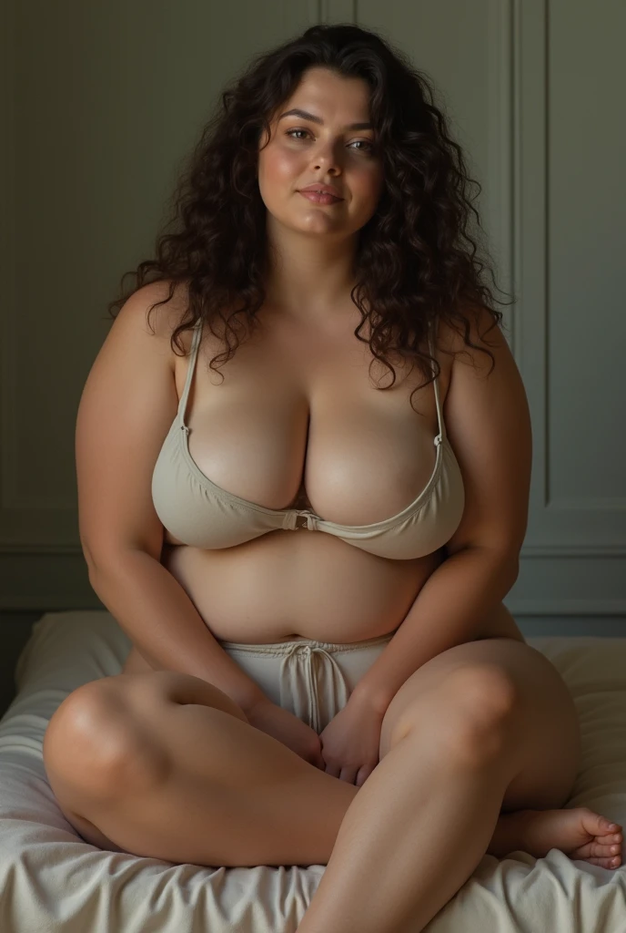A brunette girl with curly hair and big breasts sits with her legs stretched out, taking a realistic photo